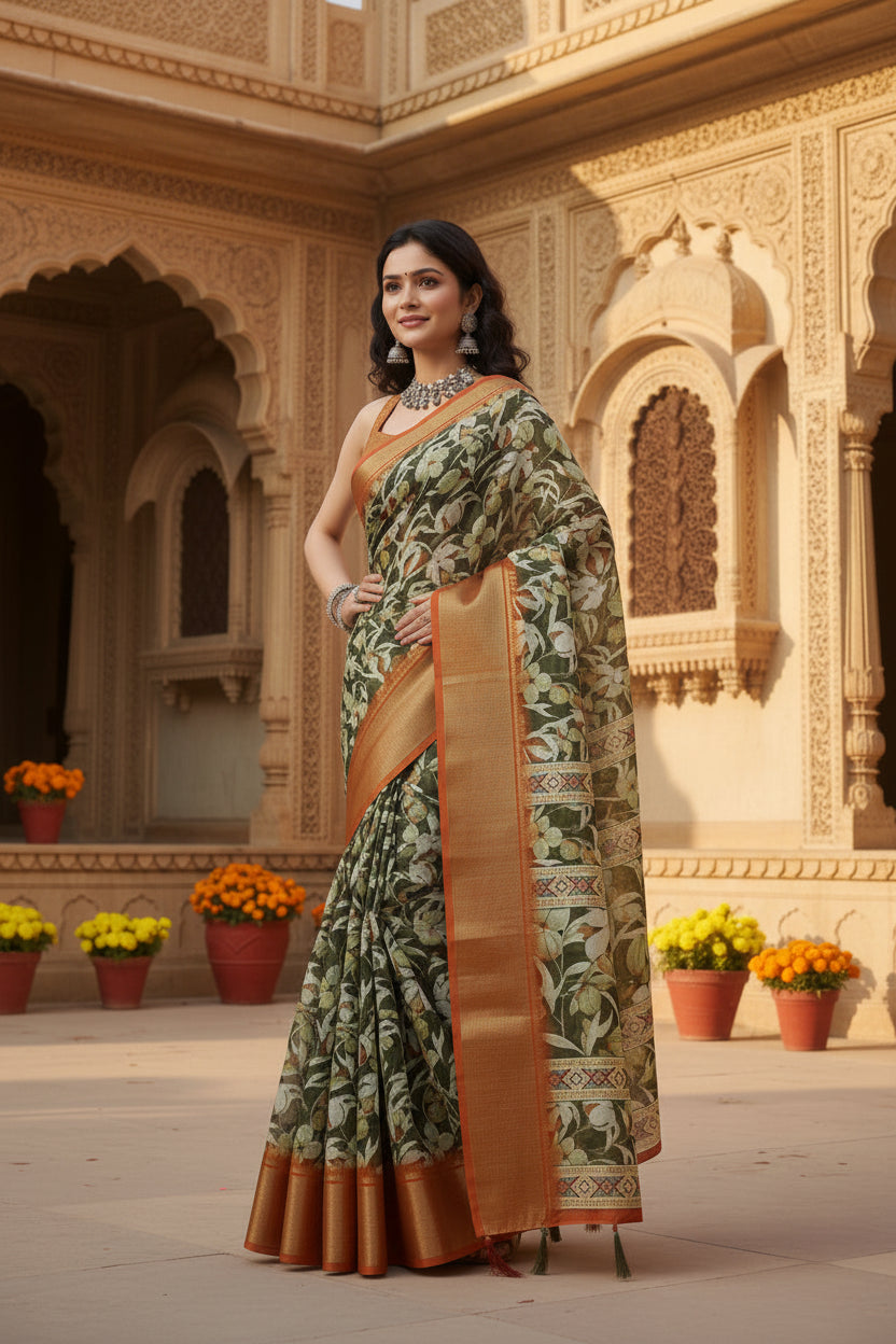 Women's Cotton Silk Floral Printed Saree With Unstitched Blouse 5.5Mtr (Multicolor)