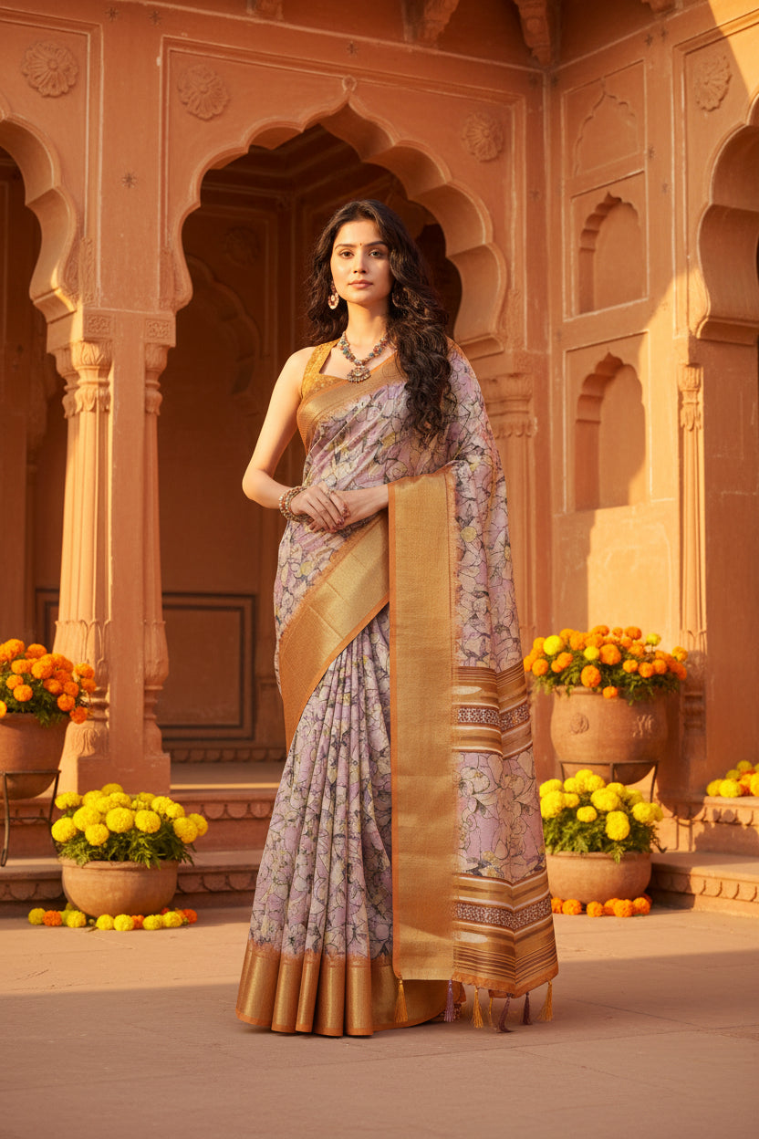 Women's Cotton Silk Floral Printed Saree With Unstitched Blouse 5.5Mtr (Lavender)