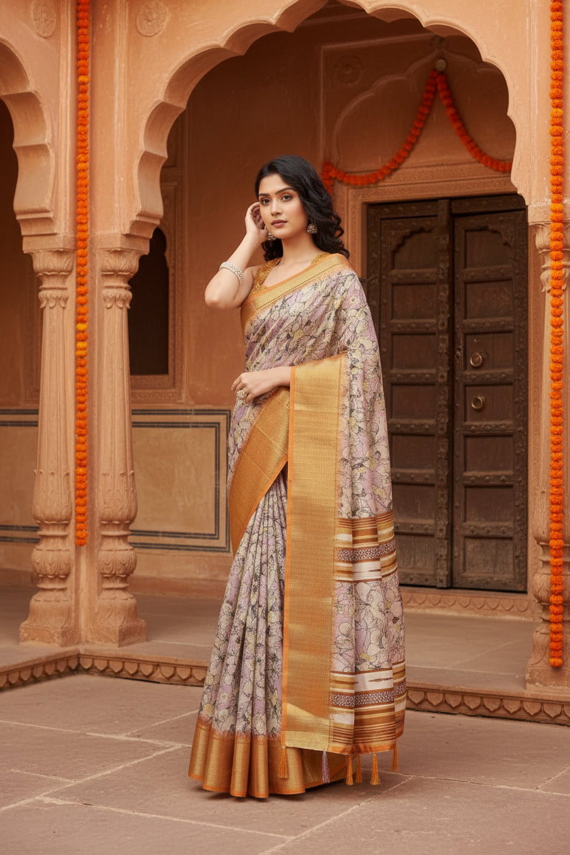 Women's Cotton Silk Floral Printed Saree With Unstitched Blouse 5.5Mtr (Lavender)