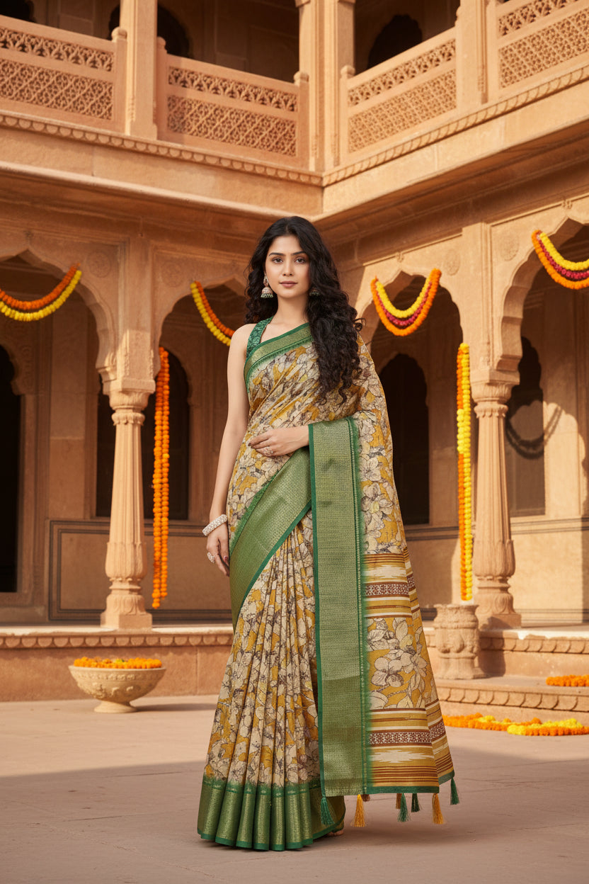 Women's Cotton Silk Floral Printed Saree With Unstitched Blouse 5.5Mtr (Mustard)