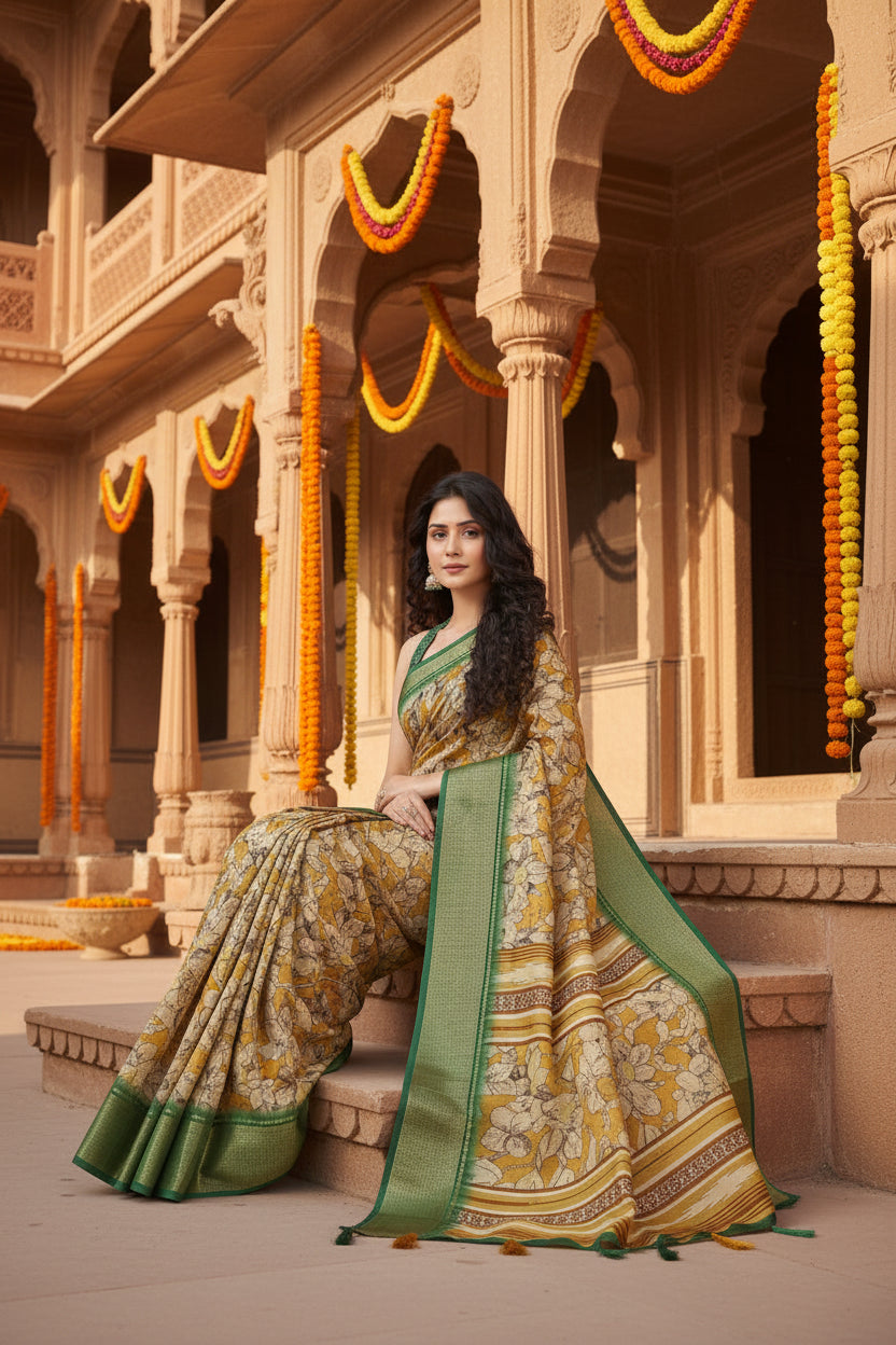 Women's Cotton Silk Floral Printed Saree With Unstitched Blouse 5.5Mtr (Mustard)