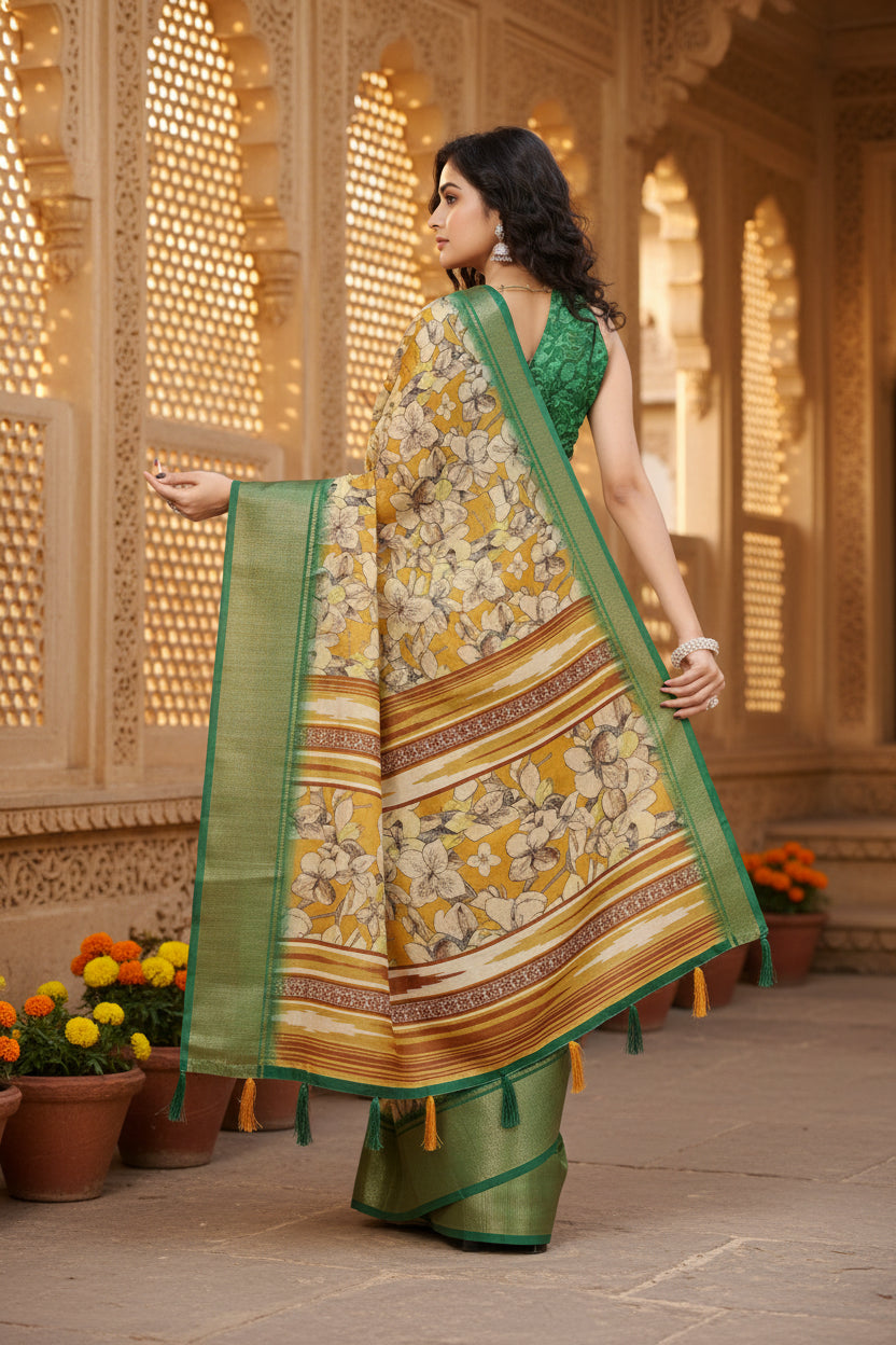 Women's Cotton Silk Floral Printed Saree With Unstitched Blouse 5.5Mtr (Mustard)
