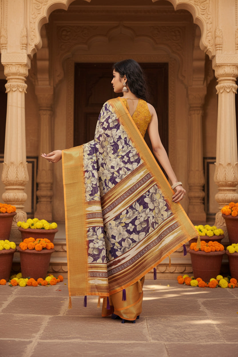 Women's Cotton Silk Floral Printed Saree With Unstitched Blouse 5.5Mtr (Purple)
