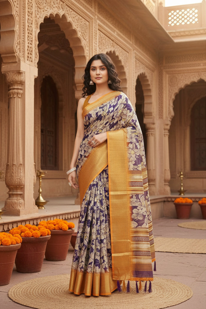 Women's Cotton Silk Floral Printed Saree With Unstitched Blouse 5.5Mtr (Purple)