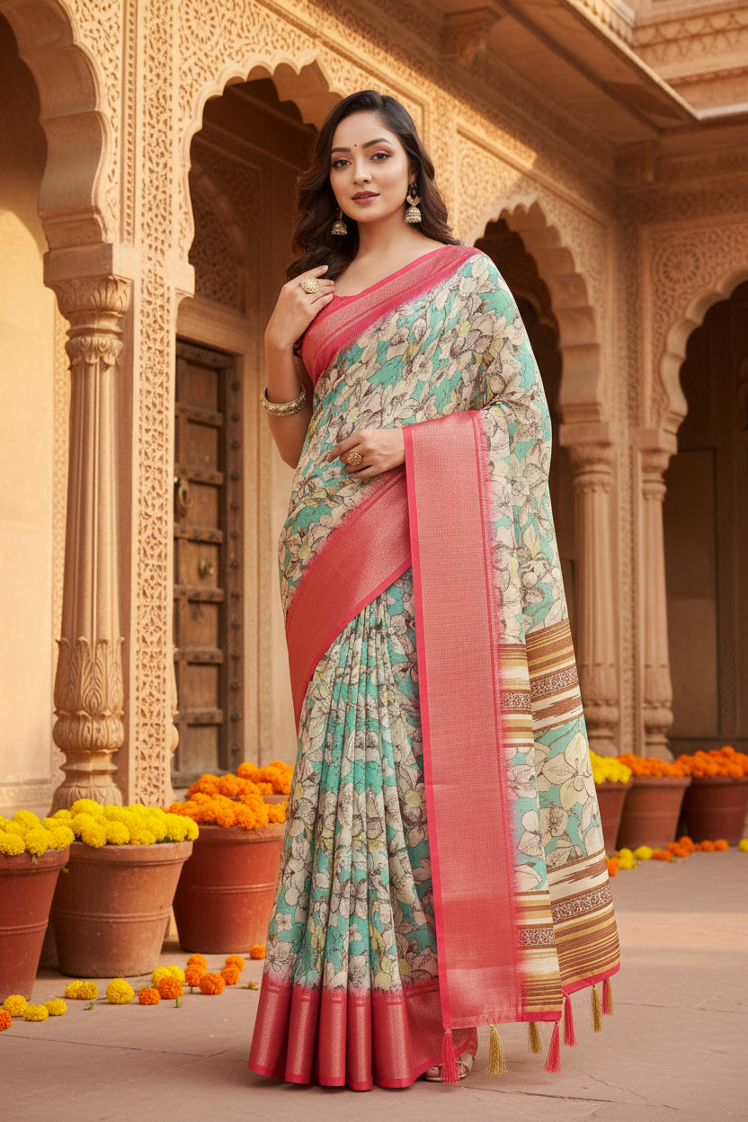 Women's Cotton Silk Floral Printed Saree With Unstitched Blouse 5.5Mtr (Multicolor)