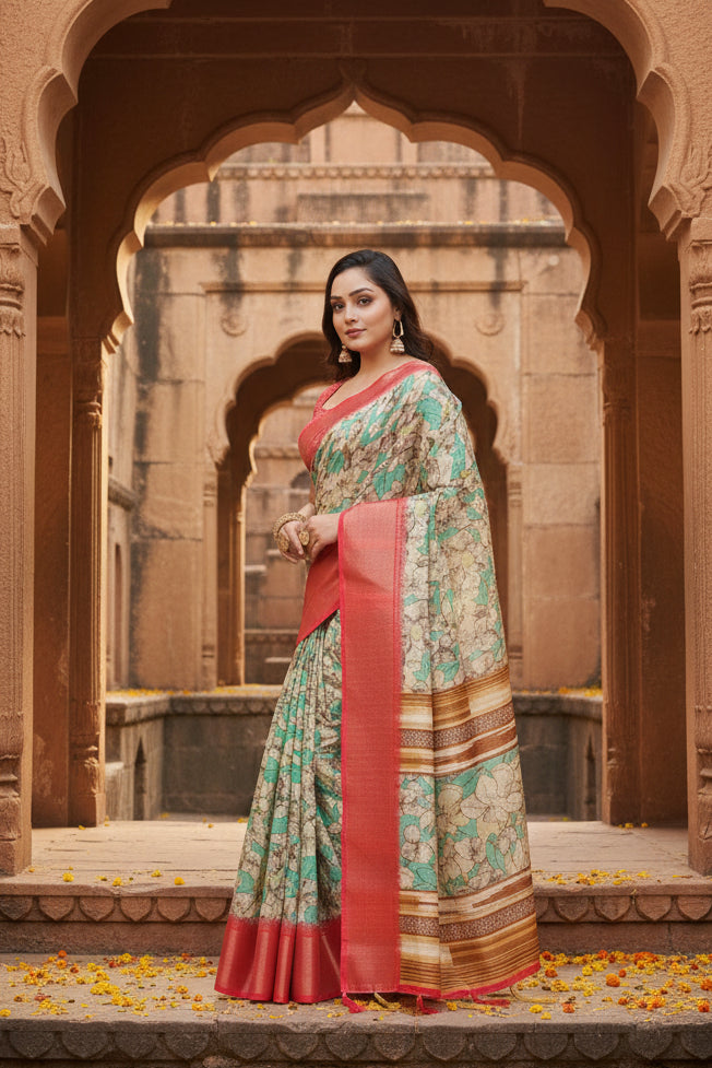 Women's Cotton Silk Floral Printed Saree With Unstitched Blouse 5.5Mtr (Multicolor)
