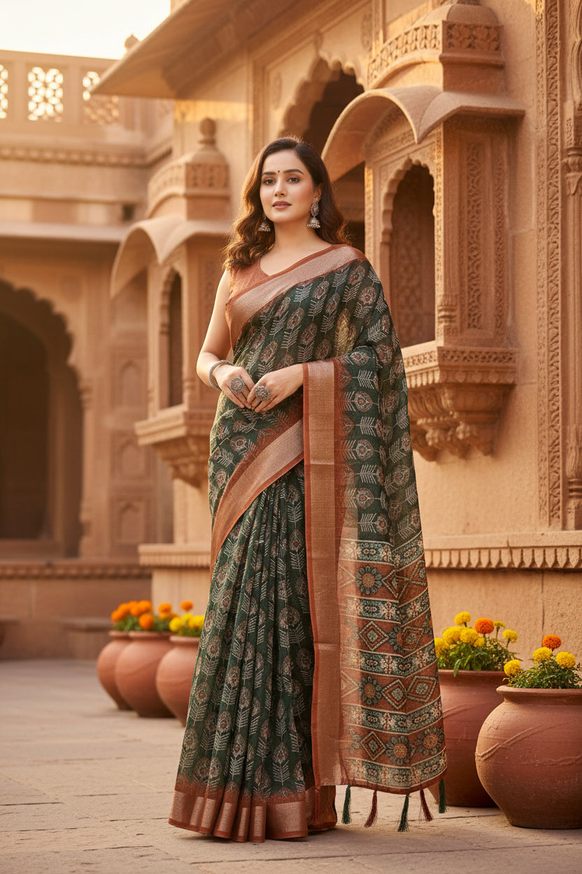 Women's Cotton Silk Printed Saree With Unstitched Blouse 5.5Mtr (Multicolor)