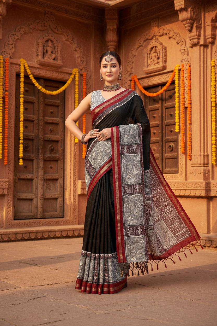 Women's Cotton Silk Printed Saree With Unstitched Blouse 5.5Mtr (Black)