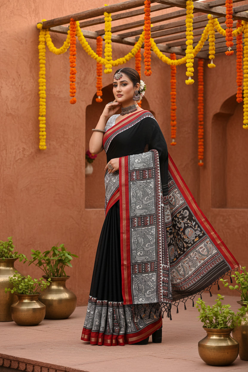 Women's Cotton Silk Printed Saree With Unstitched Blouse 5.5Mtr (Black)