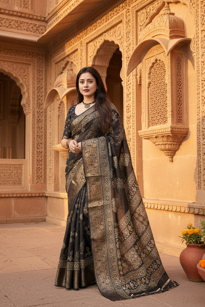 Women's Cotton Silk Printed Saree With Unstitched Blouse 5.5Mtr (Black)