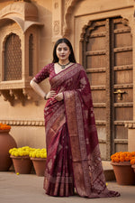 Load image into Gallery viewer, Women's Cotton Silk Printed Saree With Unstitched Blouse 5.5Mtr (Wine)
