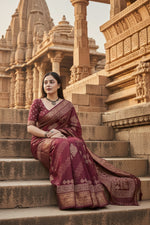 Load image into Gallery viewer, Women's Cotton Silk Printed Saree With Unstitched Blouse 5.5Mtr (Wine)
