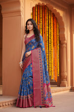 Load image into Gallery viewer, Women's Cotton Silk Printed Saree With Unstitched Blouse 5.5Mtr (Blue)
