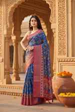 Load image into Gallery viewer, Women's Cotton Silk Printed Saree With Unstitched Blouse 5.5Mtr (Blue)
