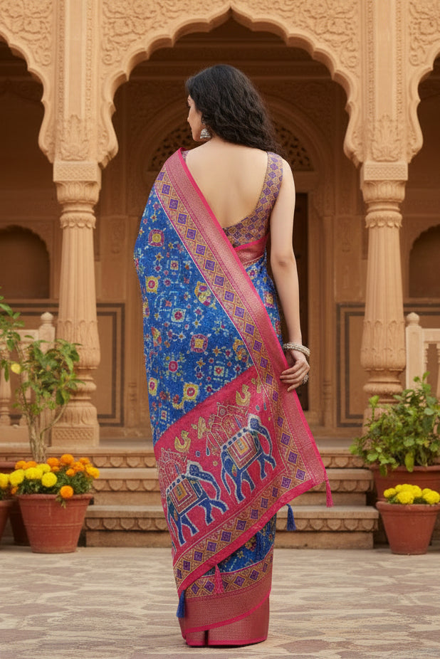 Women's Cotton Silk Printed Saree With Unstitched Blouse 5.5Mtr (Blue)