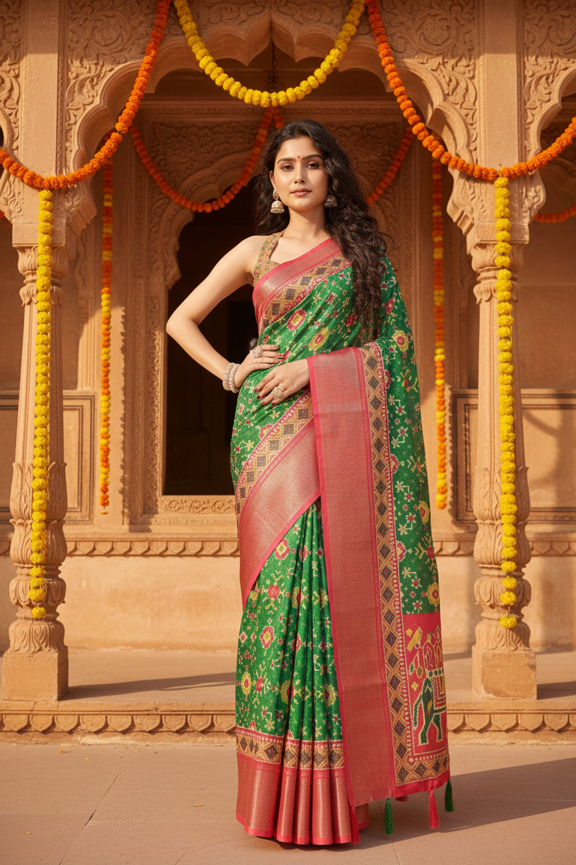 Women's Cotton Silk Printed Saree With Unstitched Blouse 5.5Mtr (Green)