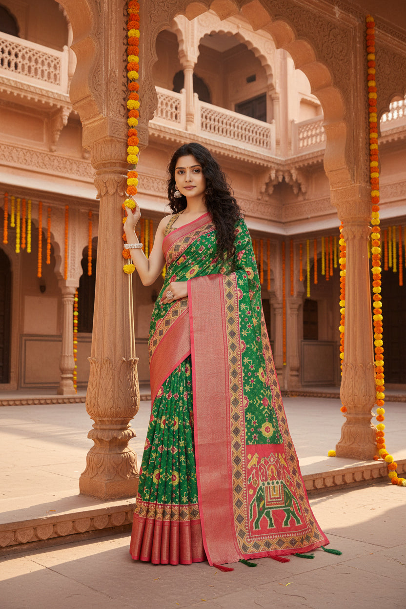 Women's Cotton Silk Printed Saree With Unstitched Blouse 5.5Mtr (Green)