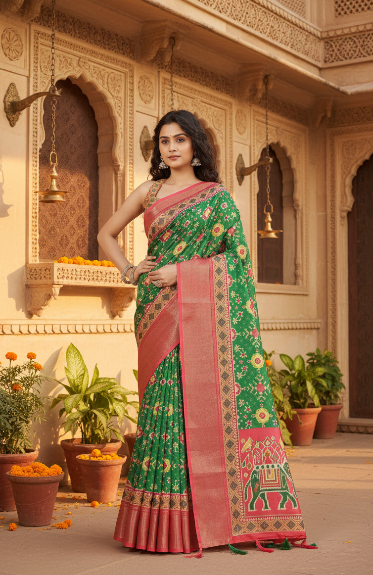 Women's Cotton Silk Printed Saree With Unstitched Blouse 5.5Mtr (Green)