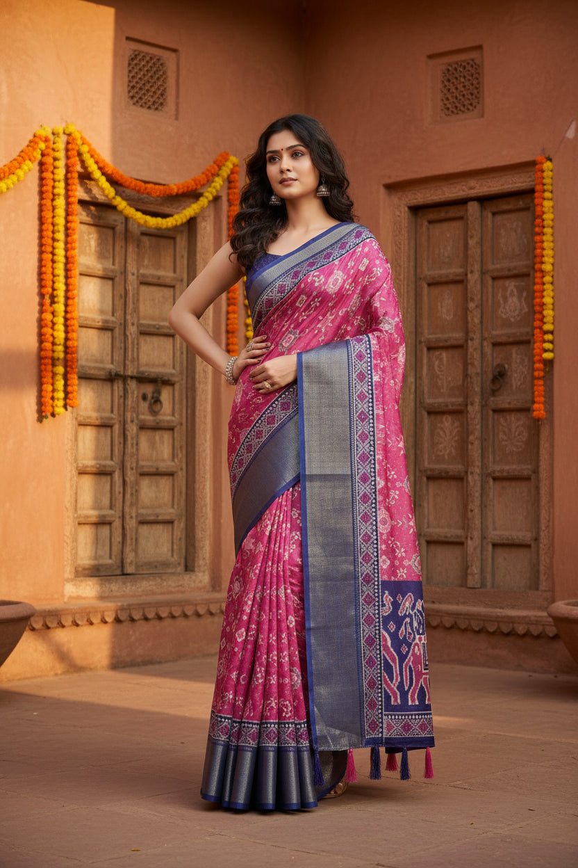 Women's cotton silk printed saree with unstitched blouse 5