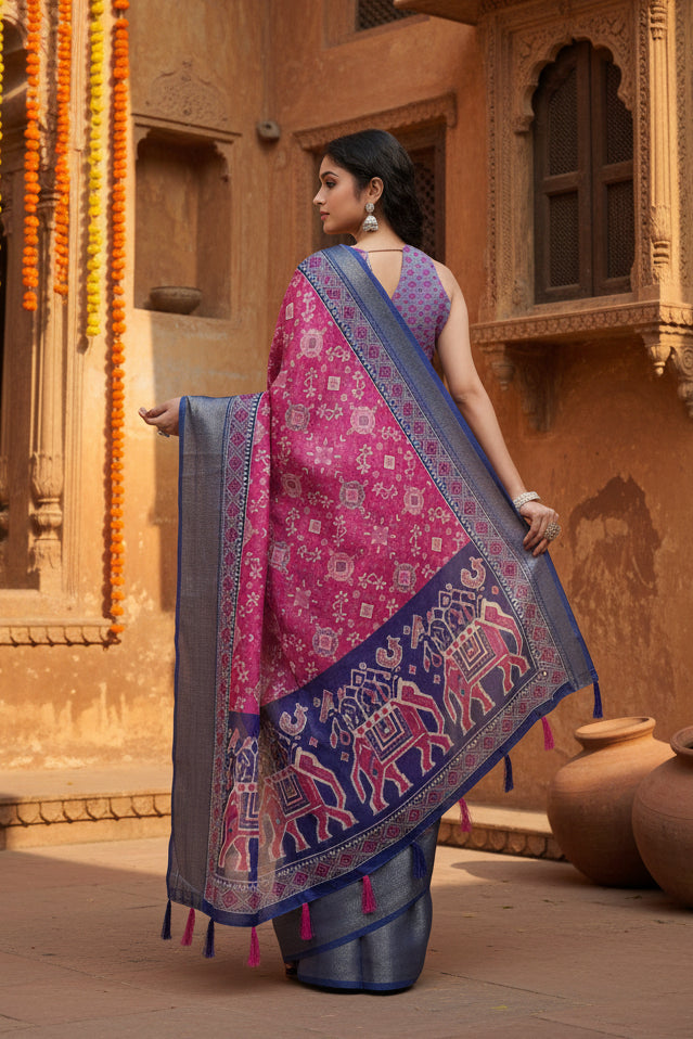 Women's Cotton Silk Printed Saree With Unstitched Blouse 5.5Mtr (Pink)