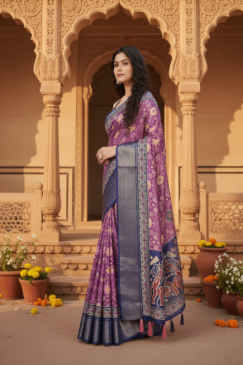 Women's Cotton Silk Printed Saree With Unstitched Blouse 5.5Mtr (Wine)