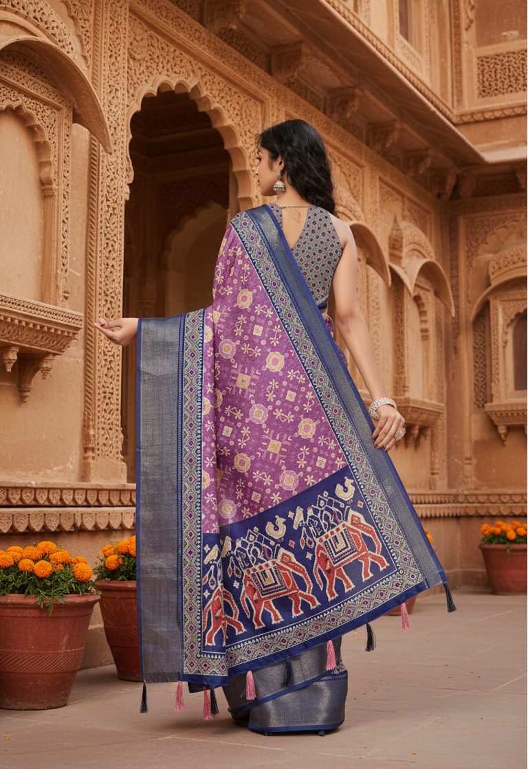 Women's cotton silk printed saree with unstitched blouse 5
