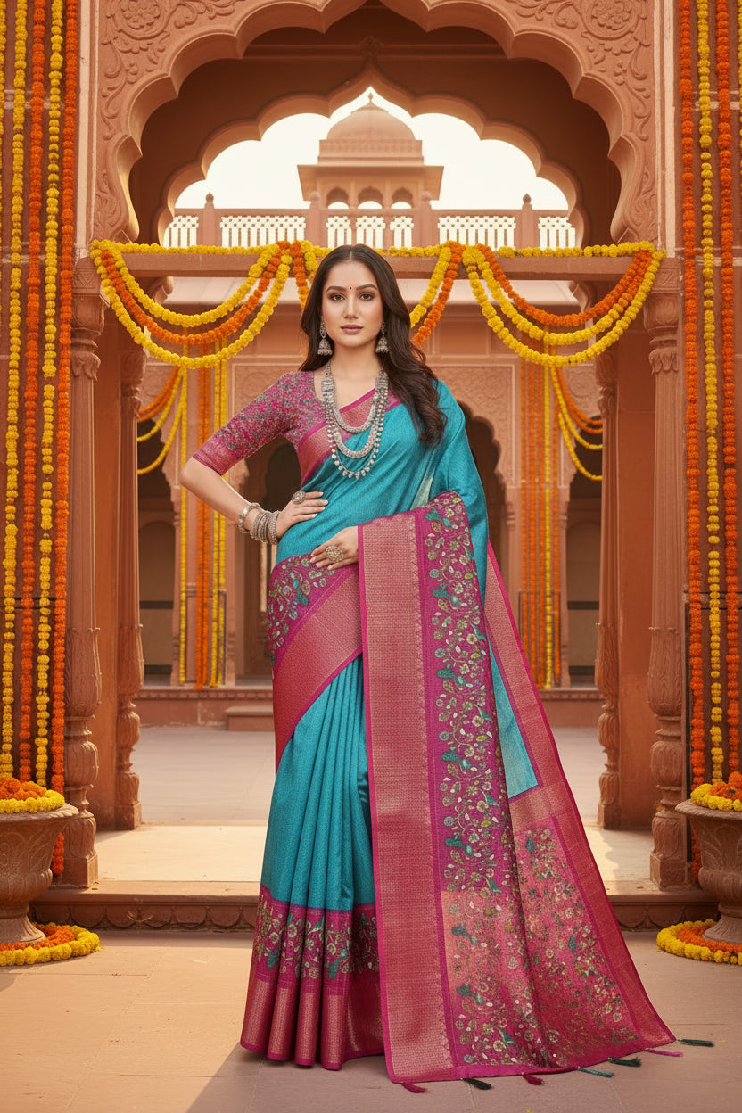 Women's Cotton Silk Printed Saree With Unstitched Blouse 5.5Mtr (Blue-Pink)