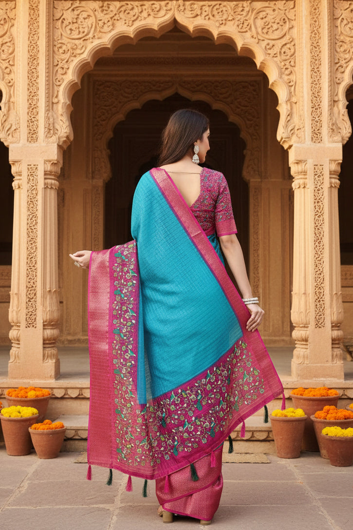 Women's Cotton Silk Printed Saree With Unstitched Blouse 5.5Mtr (Blue-Pink)