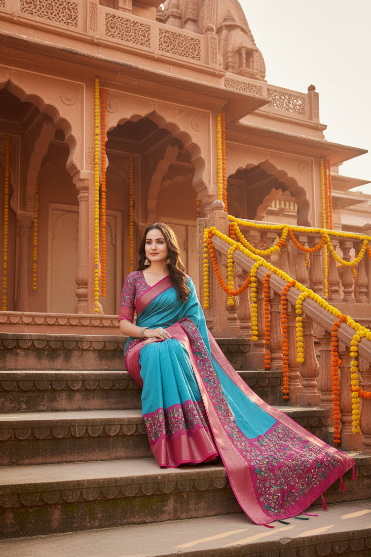 Women's Cotton Silk Printed Saree With Unstitched Blouse 5.5Mtr (Blue-Pink)