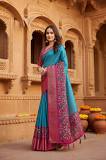 Load image into Gallery viewer, Women's Cotton Silk Printed Saree With Unstitched Blouse 5.5Mtr (Blue-Pink)
