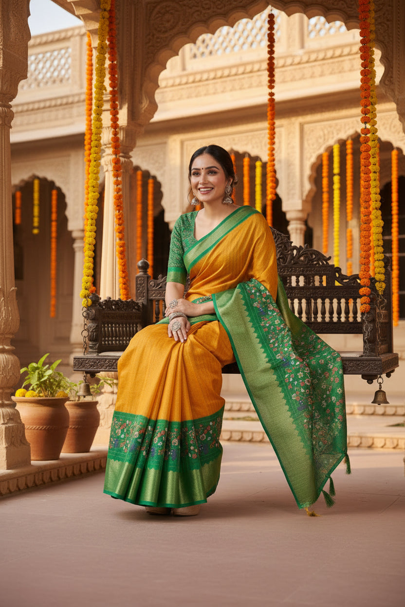 Women's Cotton Silk Printed Saree With Unstitched Blouse 5.5Mtr (Yellow Green)
