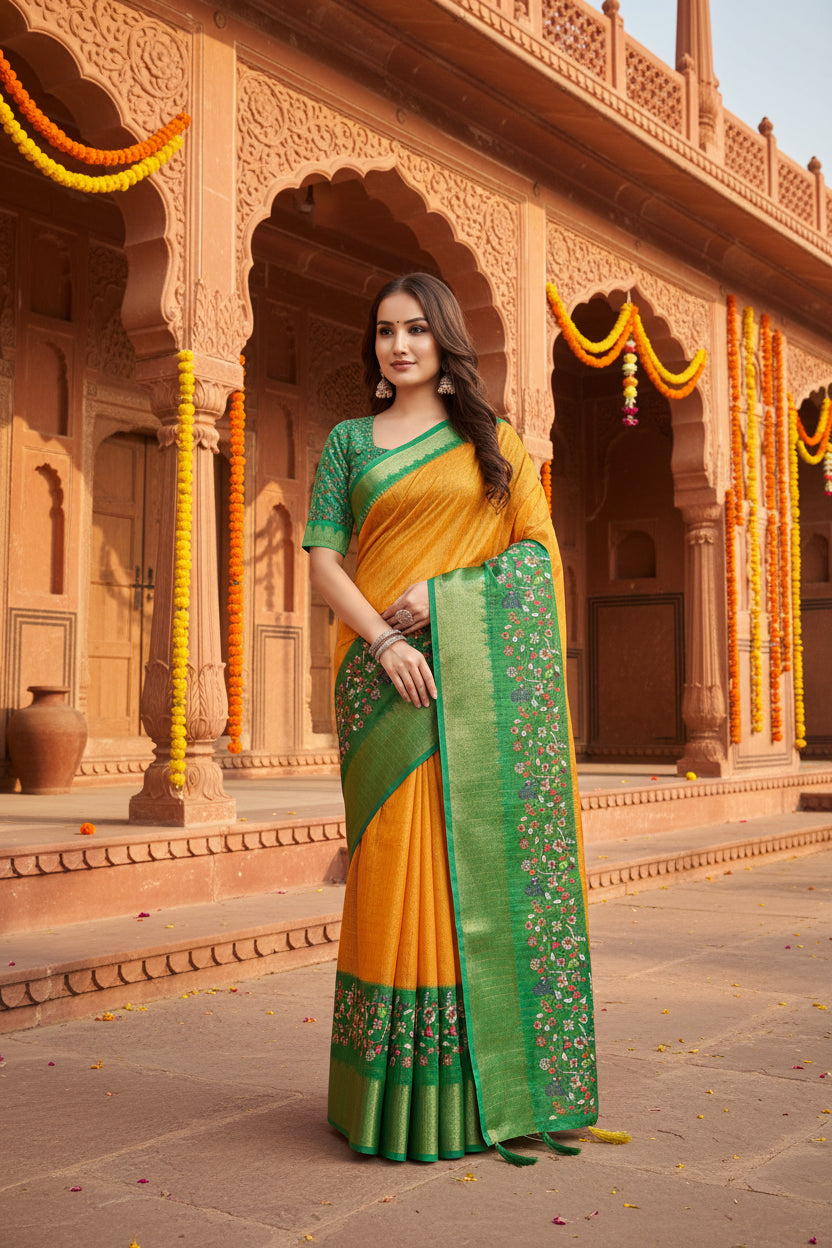 Women's Cotton Silk Printed Saree With Unstitched Blouse 5.5Mtr (Yellow Green)