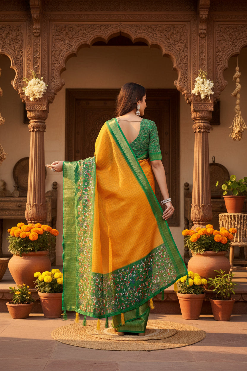 Women's Cotton Silk Printed Saree With Unstitched Blouse 5.5Mtr (Yellow Green)