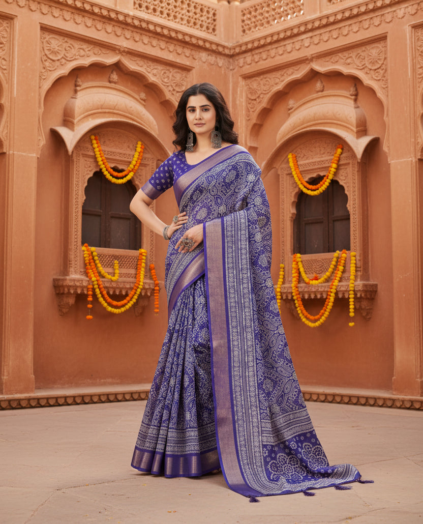 Women's Cotton Silk Floral Printed Saree With Unstitched Blouse 5.5Mtr (Royal Blue)