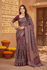 Load image into Gallery viewer, Women's Cotton Silk Floral Printed Saree With Unstitched Blouse 5.5Mtr (Maroon)
