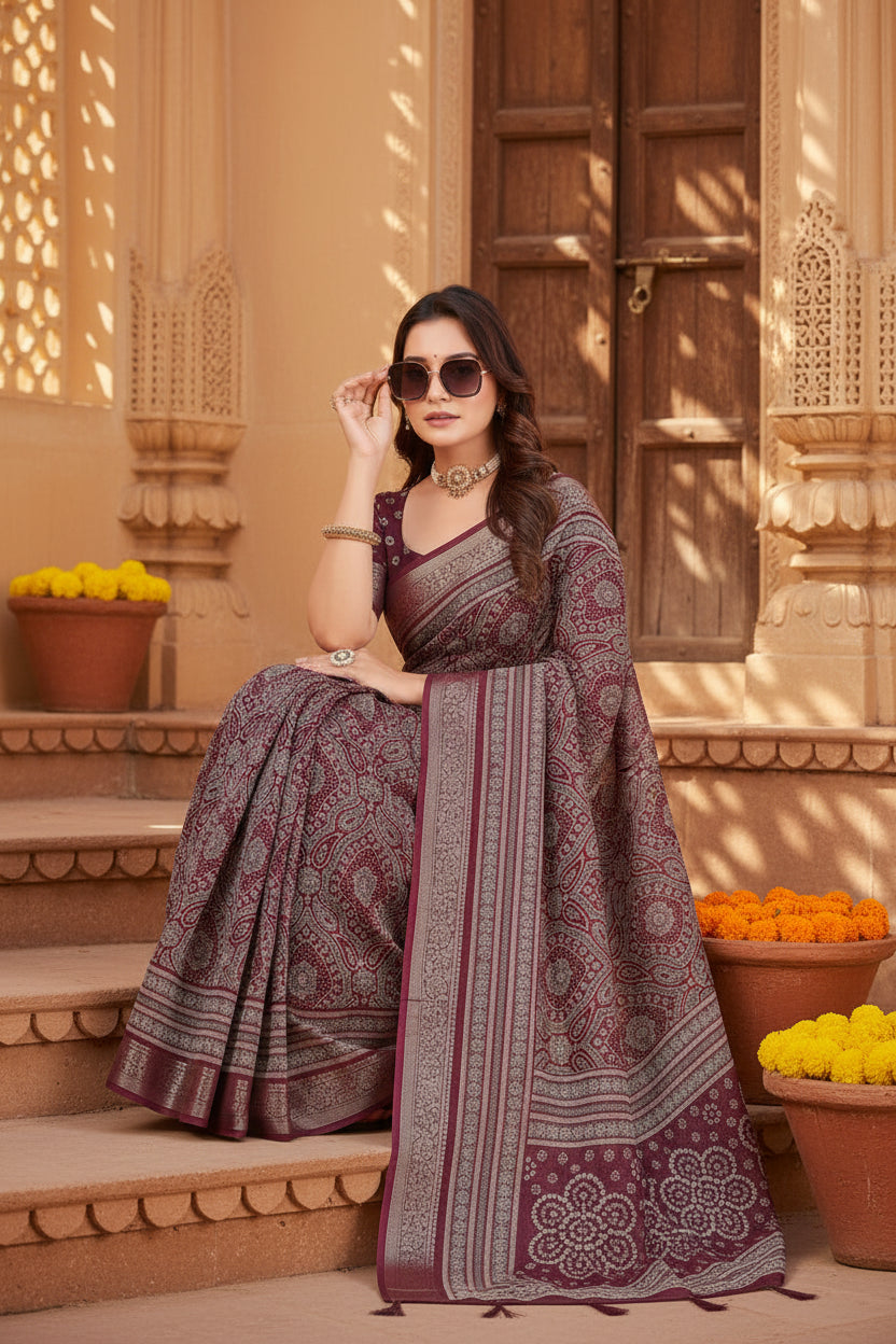 Women's Cotton Silk Floral Printed Saree With Unstitched Blouse 5.5Mtr (Maroon)