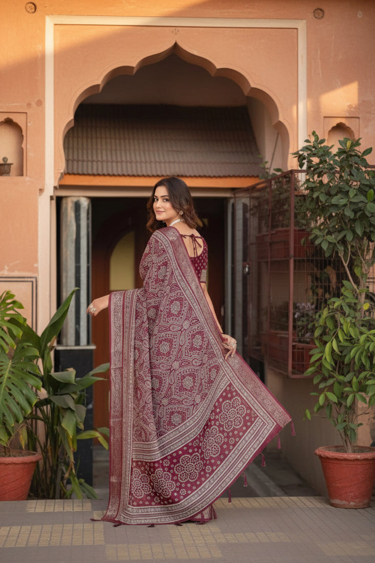 Women's Cotton Silk Floral Printed Saree With Unstitched Blouse 5.5Mtr (Maroon)