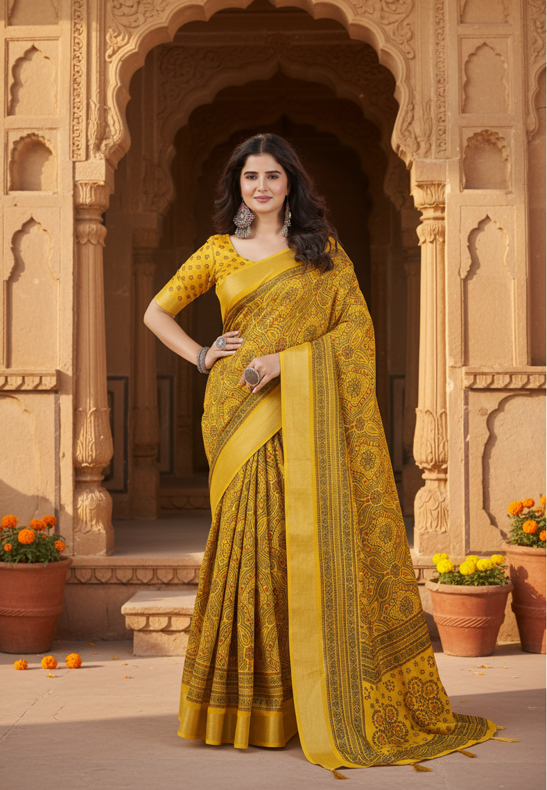 Women's Cotton Silk Floral Printed Saree With Unstitched Blouse 5.5Mtr (Yellow)