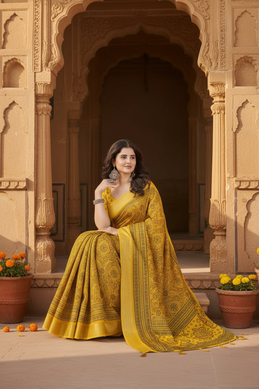 Women's cotton silk floral printed saree with unstitched blouse 5