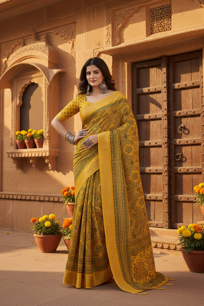 Women's Cotton Silk Floral Printed Saree With Unstitched Blouse 5.5Mtr (Yellow)