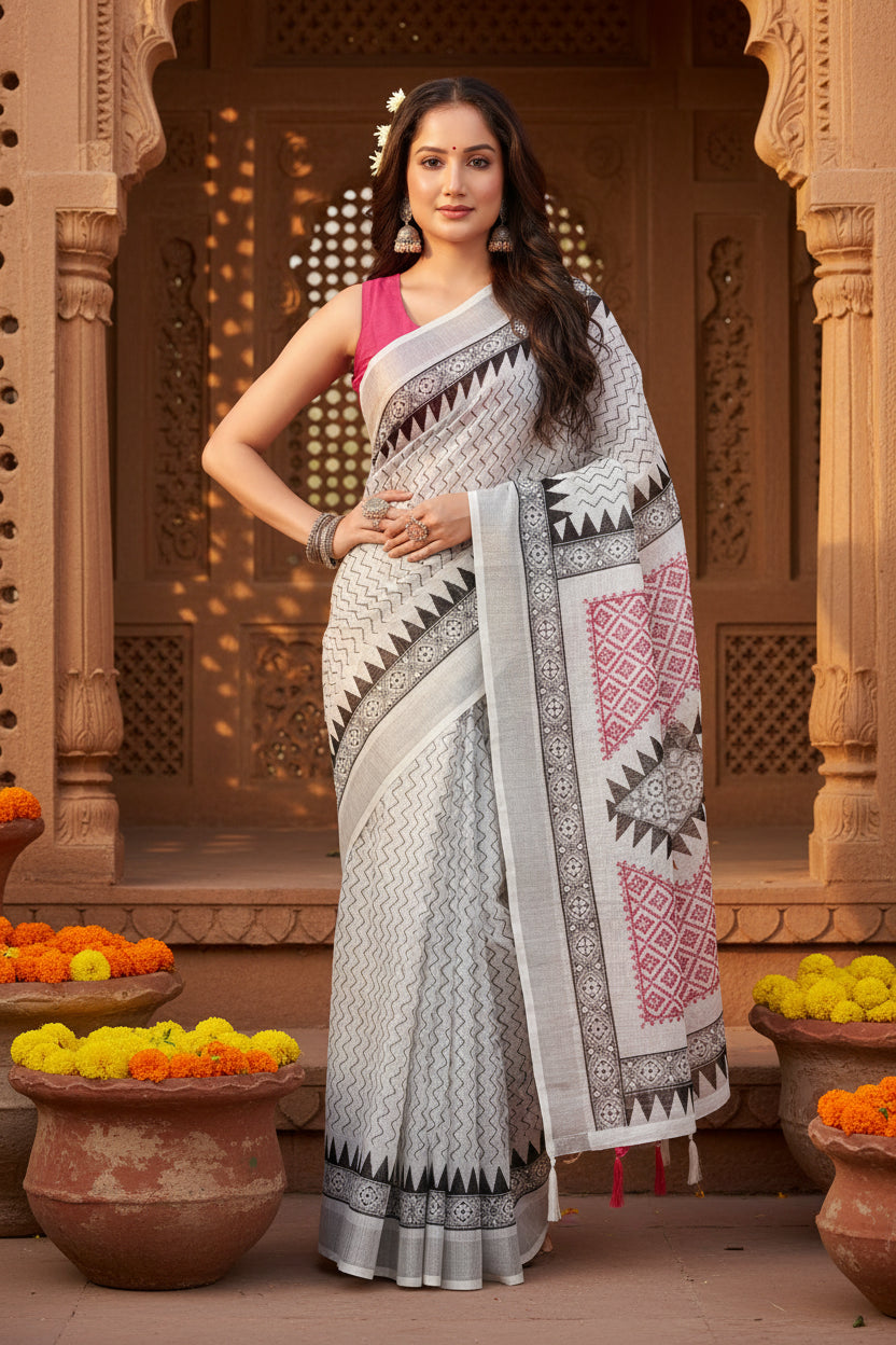 Women's Linen Printed Saree With Unstitched Blouse 5.5Mtr (Multicolor)