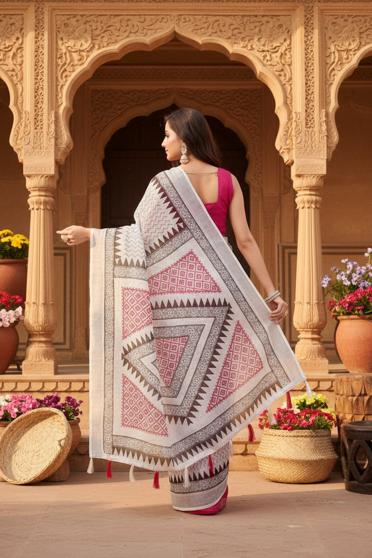 Women's linen printed saree with unstitched blouse 5