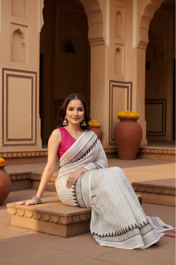 Women's Linen Printed Saree With Unstitched Blouse 5.5Mtr (Multicolor)