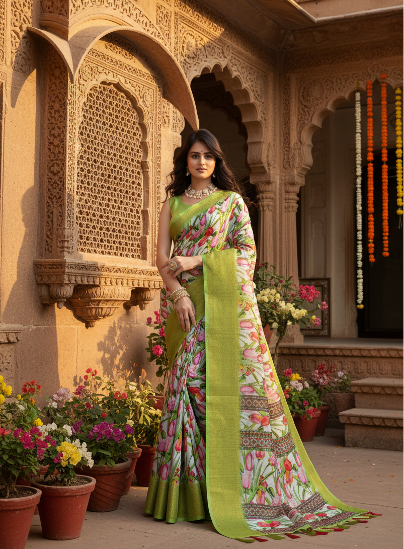 Women's Cotton Silk Floral Printed Saree With Unstitched Blouse 5.5Mtr (Green-White)