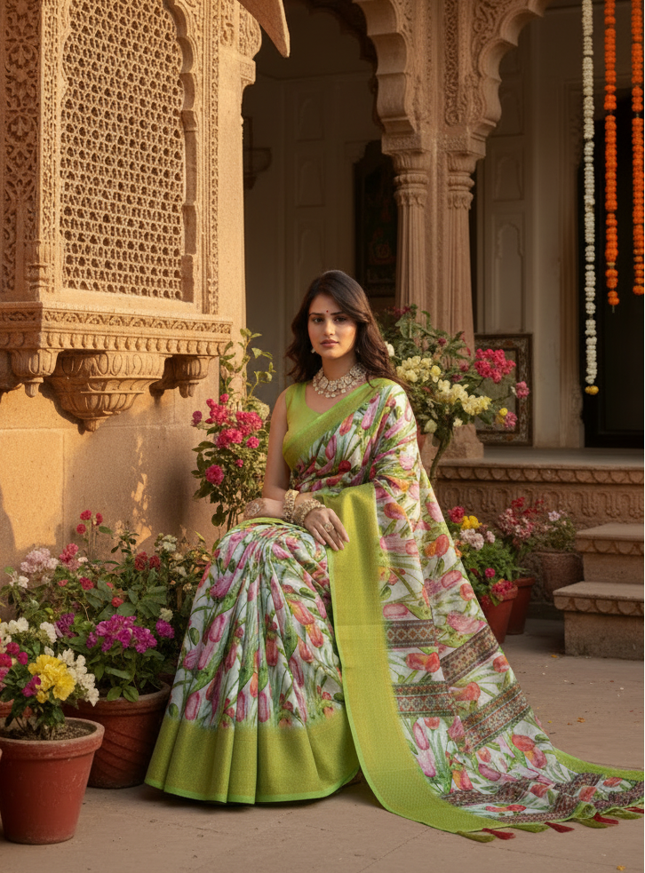 Women's Cotton Silk Floral Printed Saree With Unstitched Blouse 5.5Mtr (Green-White)