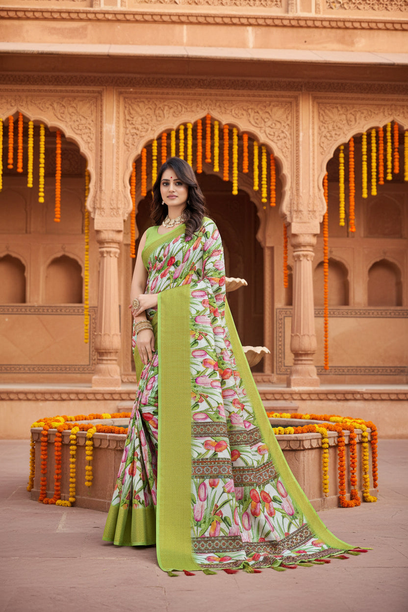 Women's Cotton Silk Floral Printed Saree With Unstitched Blouse 5.5Mtr (Green-White)