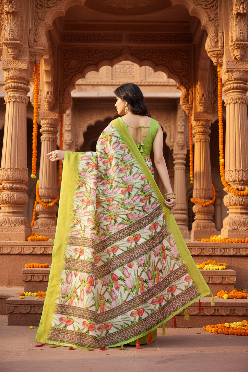 Women's Cotton Silk Floral Printed Saree With Unstitched Blouse 5.5Mtr (Green-White)
