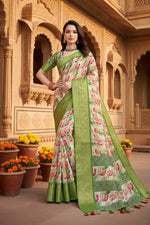 Load image into Gallery viewer, Women's Cotton Silk Floral Printed Saree With Unstitched Blouse 5.5Mtr (Green-White)
