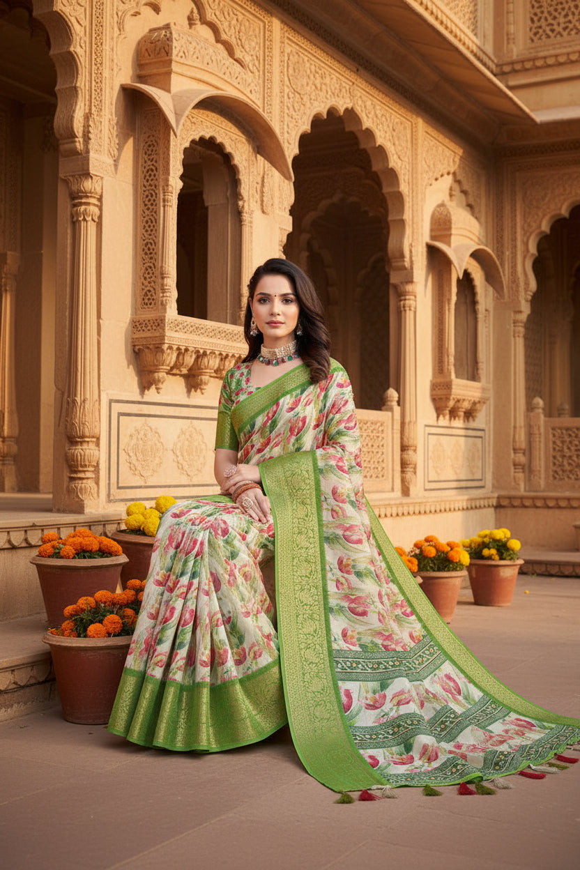 Women's Cotton Silk Floral Printed Saree With Unstitched Blouse 5.5Mtr (Green-White)