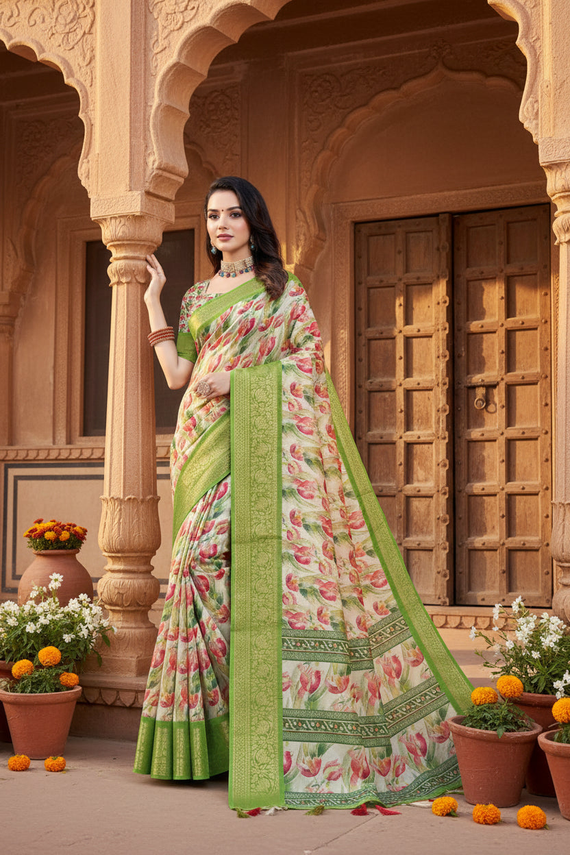 Women's Cotton Silk Floral Printed Saree With Unstitched Blouse 5.5Mtr (Green-White)